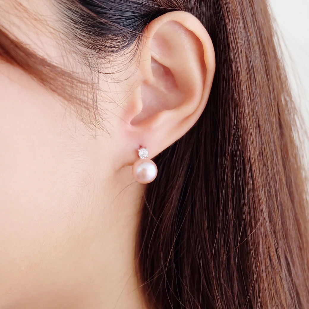 Classic Diamond Blush Pink Pearl Studs - Image 2